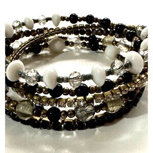 Whimsy Multi-Layer White Black Beaded Coil Wrap Bracelet Memory Wire Y2k Inspo